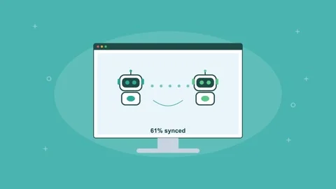 Two AI robots syncing tasks with flowing data on a screen, teal Vídeos de archivo 342596348