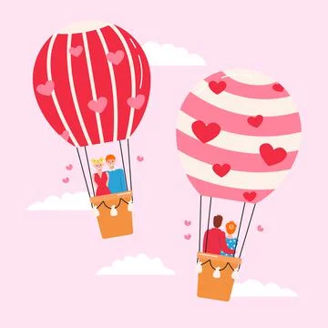 Two air balloons with beloved couples fly in sky on pink background Stock Illustration