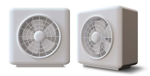 Two air source heat pumps views are illustrated in 3D render, showcasing thei Stock Illustration