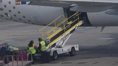 Two air traffic baggage handlers load luggage onto a plane Stock Footage 324240467