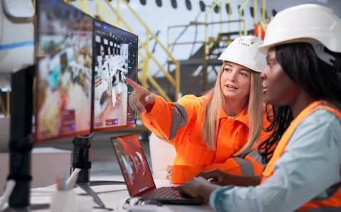 Two Aircraft Technicians Inspect Jet Engine Parts Using Laptop In Hangar. Stock Photos