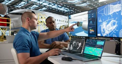 Two Aircraft Technicians In Uniform Use Laptop Repairing Jet Engine Parts. Foto stock