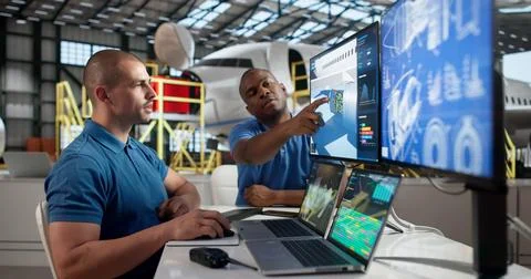 Two Aircraft Technicians In Uniform Working Together On Jet Engine Repair. Stock Photos