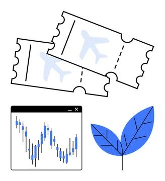 Two airplane tickets, an analytical graph screen, and a blue leaf. Ideal for  Stock Illustration