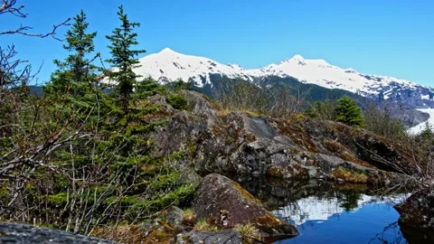 Two Alaskan Mountains reflecting in a pond Stock Footage 154384037