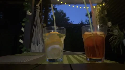 Two alcoholic drinks placed on a wooden table on the veranda in the evening, Stock Footage 314885429