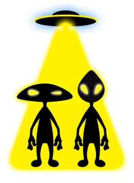 Two aliens in the rays of light with UFO Stock Illustration