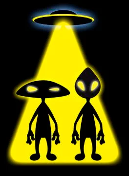 Two aliens in the rays of light with UFO Stock Illustration