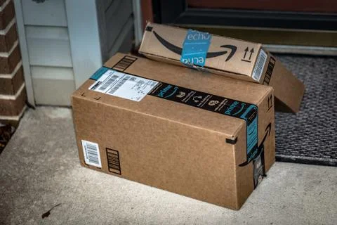 Two Amazon Prime Delivery brown boxes Stock Photos