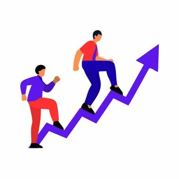 Two ambitious professionals confidently climbing a vibrant upward trend arr.. Illustrazione stock