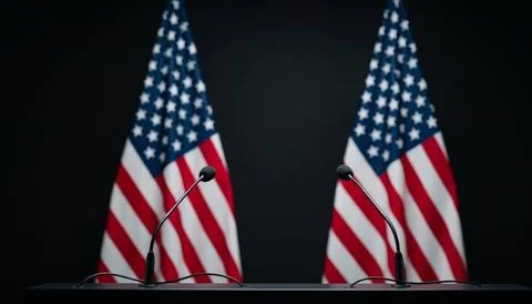 Two American Flags with Microphones on Table Stock Photos