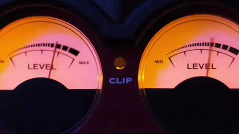 Two Analog Round Indicators of Audio Signal Level with Yellow Backlight Stock Footage 253388627