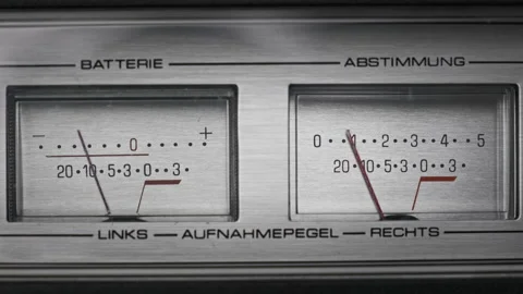 Two Analog VU Meters on Silver Colored Tape Recorder, Arrow Indicators 스톡 동영상 180492000