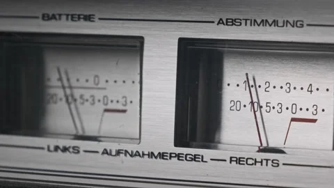 Two Analog VU Meters on Silver Colored Tape Recorder, Arrow Indicators 스톡 동영상 180996056