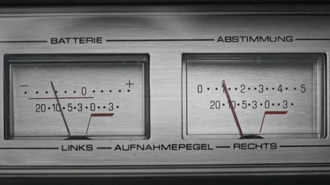 Two Analog VU Meters on Silver Colored Tape Recorder, Arrow Indicators 스톡 동영상 181076031
