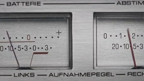 Two Analog VU Meters on Silver Colored Tape Recorder, Arrow Indicators 스톡 동영상 182639231