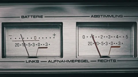 Two Analog VU Meters on Silver Colored Tape Recorder, Arrow Indicators 스톡 동영상 182840151