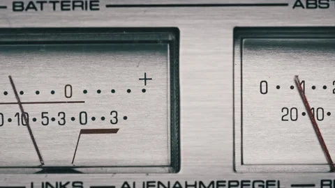 Two Analog VU Meters on Silver Colored Tape Recorder, Arrow Indicators 스톡 동영상 185606261