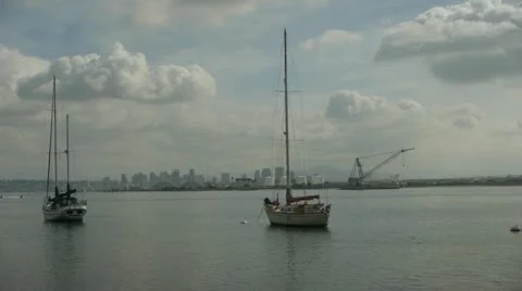 Two anchored sailboats and jet skis in the Bay Stock Footage