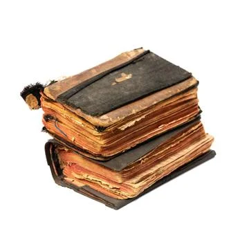 Two ancient prayer books, angle wise, set. Objects isolated on white backgrou Fotos Stock