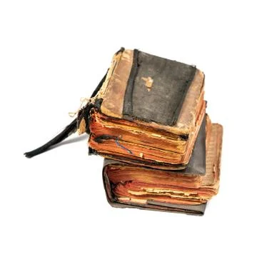 Two ancient prayer books, angle wise. Isolated on white background Fotos Stock