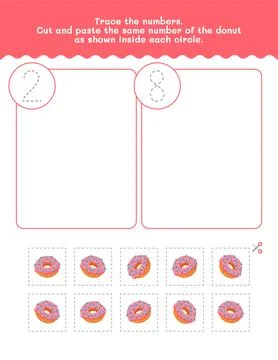 Two And Eight Counting And Tracing Number Worksheet. Cut And Paste Workshee.. Stock Illustration