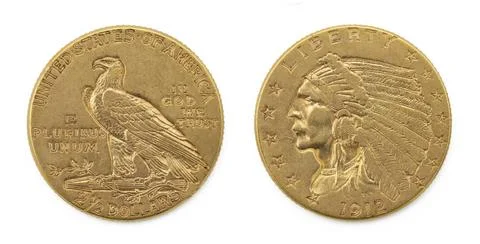 Two and a Half Dollars Indian Gold Coin 1912 on White background Stock Photos