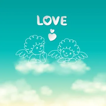 Two angels on a cloud love word and heart sunny sky background vector Stock Illustration