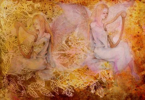 Two angels playing harp together on abstract background with spots and ornaments Stock Illustration
