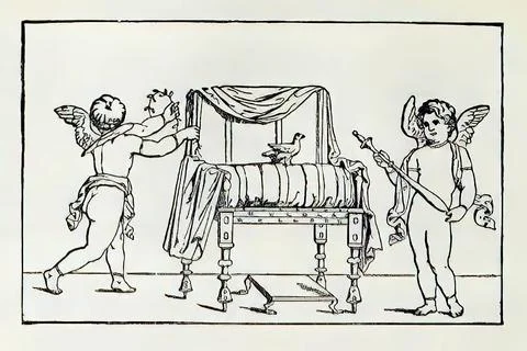 Two angels preparing cradle with bird, vintage illustration Stock Photos