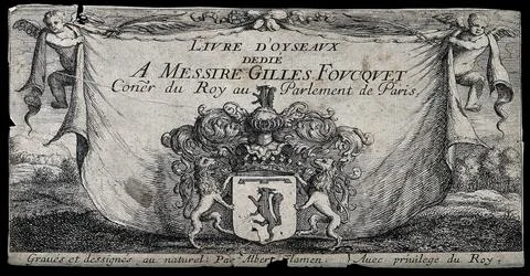 Two angels support the backdrop to the coat of arms of Gilles Foucquet; tit.. Stock Illustration