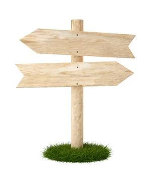 Two angled empty, blank wooden arrow signs on green grass patch with room f.. Illustrazione stock