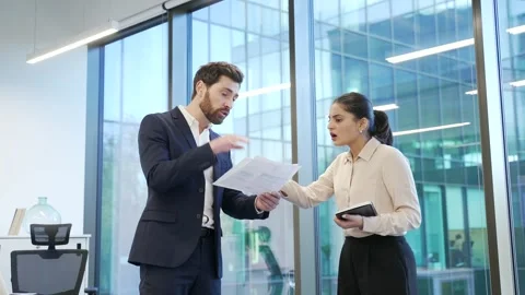 Two angry co-workers, a man and a woman arguing intensely in a modern office  Stock Footage 298996929
