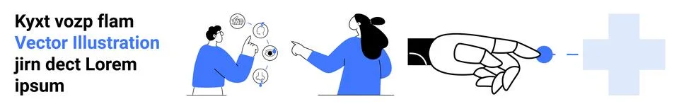 Two animated characters in conversation with speech bubbles, hand gestures, a Stock Illustration