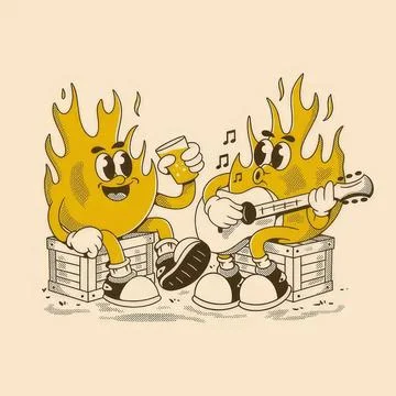 Two animated fire characters playing guitar and singing Stock Illustration