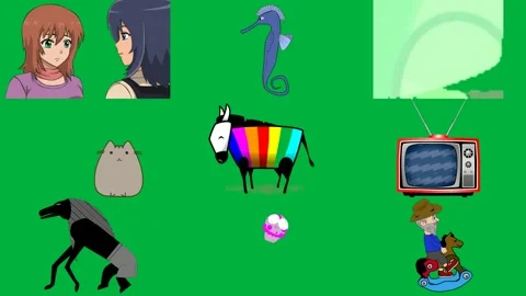 Two anime girls looking at each other blue seahorse green background shape. Stock Footage 310563073