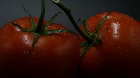Two appetizing ripe tomatoes on a mirror black background. Rotating table and tw Stock-Footage 108909276