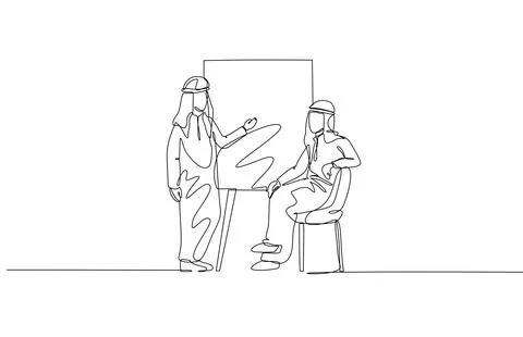Two Arab men in professional setting, one presenting chart to seated colleague Stock Illustration