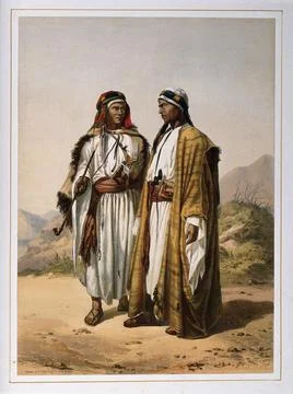 Two Arab men standing outdoors to converse and smoke. Coloured lithograph b.. Stock Illustration