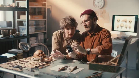 Two Archaeologists Photographing and Documenting Artifacts in Laboratory Stock Footage 296516433
