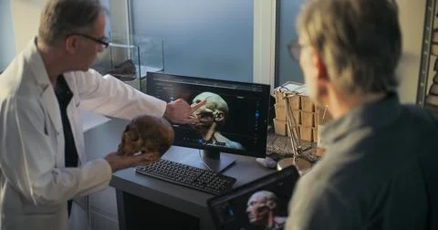 Two archaeologists study fossil skull, create 3D model on tablet Stock Photos