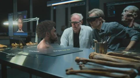 Two archaeologists in VR headsets. 3D graphics of AI simulator of ancient Stock Photos