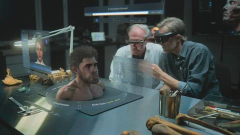 Two archaeologists in VR headsets. 3D graphics of AI simulator of ancient Stock Photos