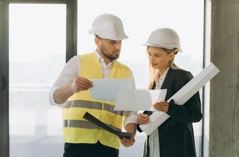 Two architect engineers are walking in a constructed office building. Stock Photos