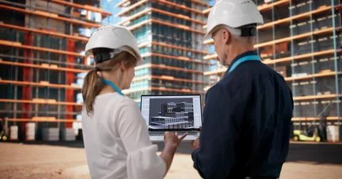 Two Architects And Engineers Discuss 3D BIM Model At Busy Construction Site. Stock Photos