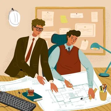 Two architects draw new building project. Construction concept vector Stock Illustration