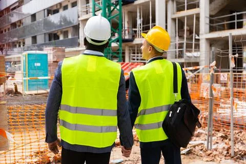 Two architects in protective helmets and jacket look at the unfinished house Stock Photos