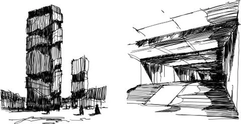 Two architectural sketches of a modern abstract architecture Stock Illustration