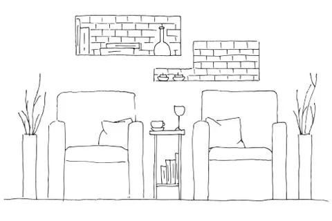 Two armchairs and a high table. Vase with flowers on the table. Stock Illustration