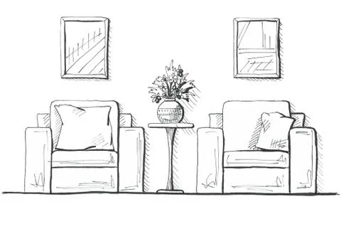 Two armchairs and a high table. Vase with flowers on the table. Stock Illustration